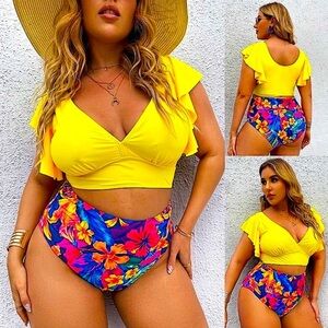 2 PIECE YELLOW TANKINI FLORAL SET